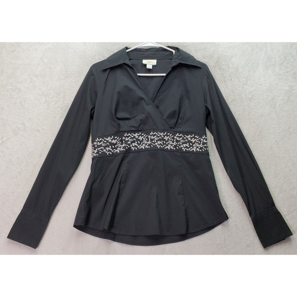LOFT Tops - Ann Taylor LOFT Blouse Top Women's Size 4 Black Embroidered Floral Wrap Collared